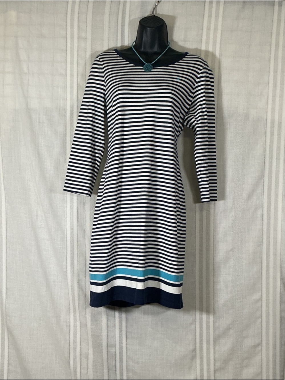 Nautica Navy White Striped Midi Dress 3/4 Sleeve Nautical Classic Size Large